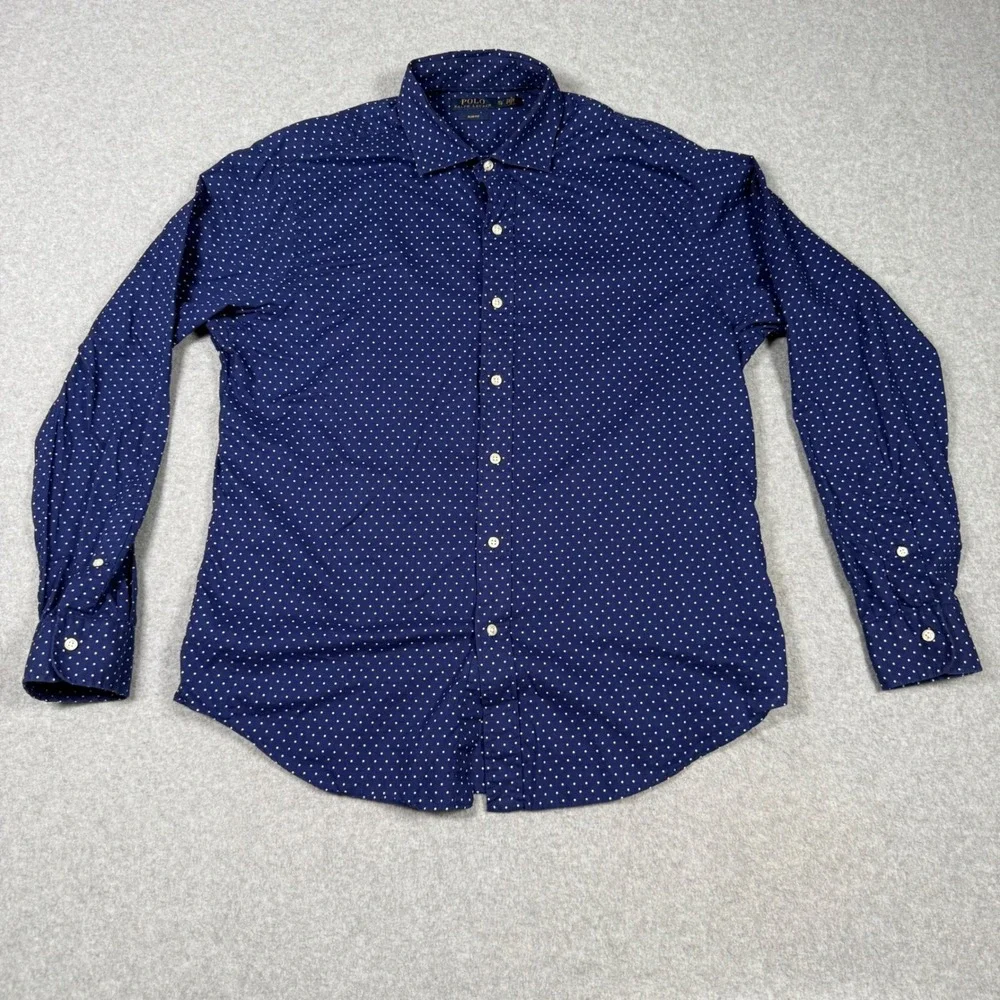 Polo Ralph Lauren Mens XL Slim Fit Navy Polka Dot Long Sleeve Button Down Shirt